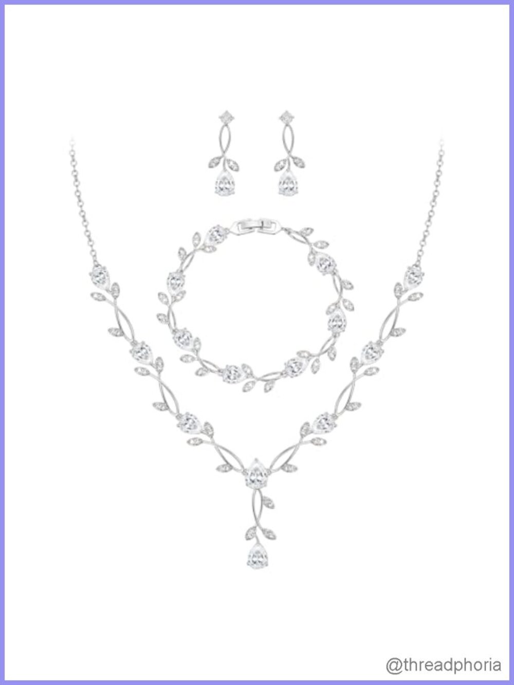 Cubic Zirconia Pearl Leaf Bridal Jewelry Set Necklace Earrings Bracelet